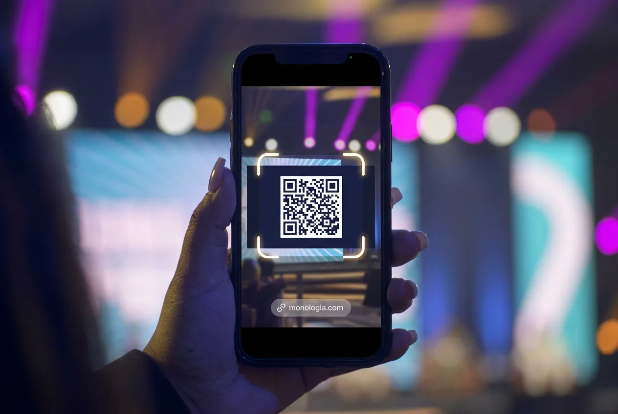 An audience member scans a QR code with their phone in the auditorium